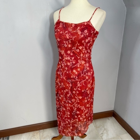 Vintage Y2K Spaghetti Strap Dress Beach Resort Asymmetric Red Ditsy Floral Midi - Picture 6 of 14